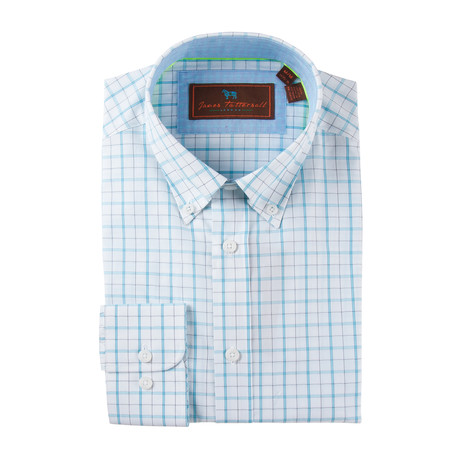 Cotton Button-Up Shirt // Teal + Grey Grid (S)