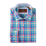 Cotton Button-Up Shirt // Teal + Pink + Yellow Multi Plaid (L)