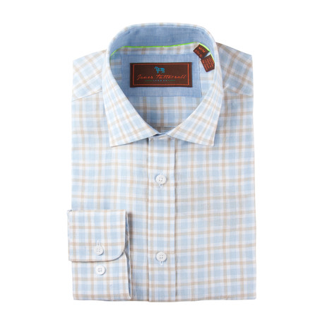 Linen Button-Up Shirt // Sand + Light Blue Plaid (S)