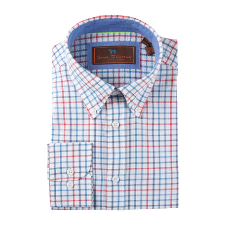 Cotton Seersucker Button-Up Shirt // Red + Blue Grid (S)