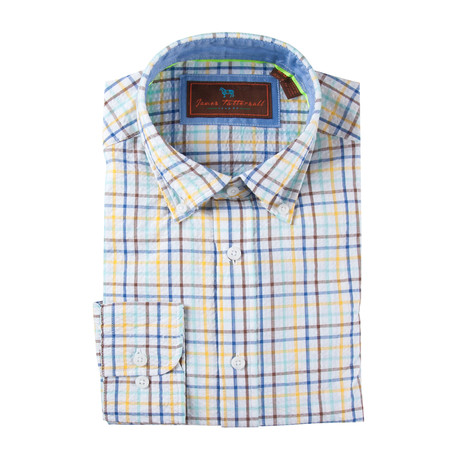 Cotton Seersucker Button-Up Shirt // Yellow + Blue + Brown Grid (S)