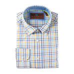 Cotton Seersucker Button-Up Shirt // Yellow + Blue + Brown Grid (L)