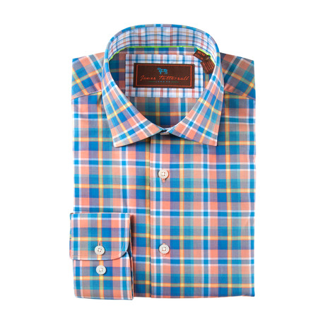 Cotton Button-Up Shirt // Blue + Orange Multi Plaid (S)