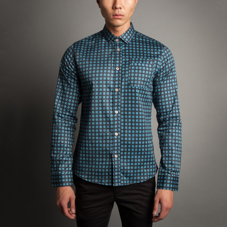 Button Front Shirt // Blue Sophisticated Geo (S)