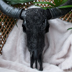 Hand Carved Buffalo Skull // Black Flat Flower 1