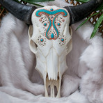 Hand Carved Cow Skull // XL Horns + Turquoise Angel