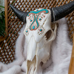 Hand Carved Cow Skull // XL Horns + Turquoise Angel