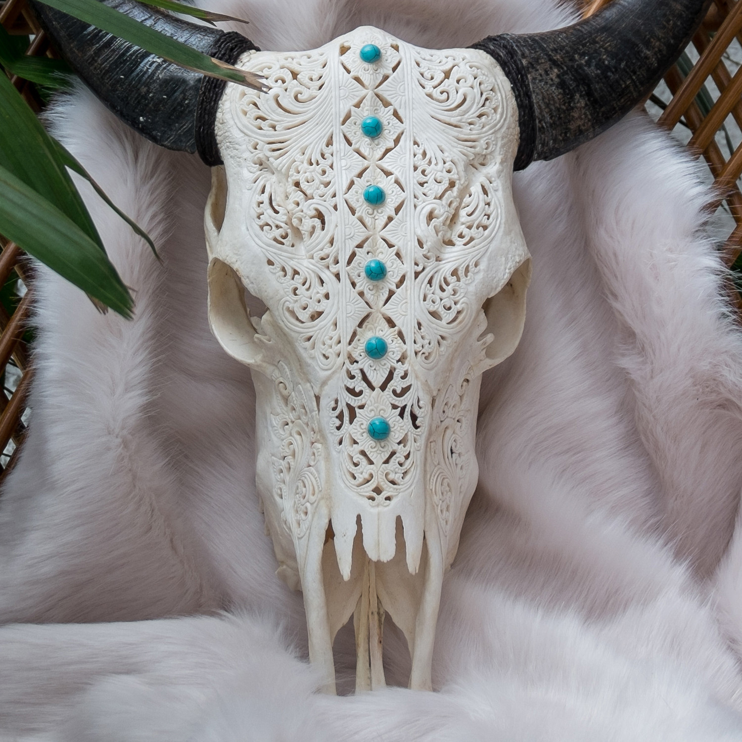 Hand Carved Cow Skull // XL Horns + Turquoise Small Flowers 6 - Aureus ...