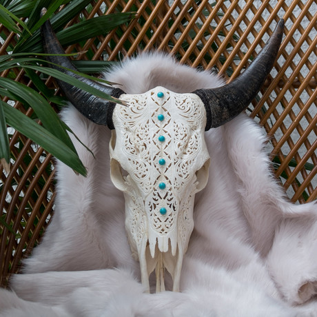 Hand Carved Cow Skull // XL Horns + Turquoise Small Flowers 6