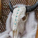 Hand Carved Cow Skull // XL Horns + Turquoise Small Flowers 6