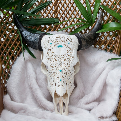 Hand Carved Cow Skull // XL Horns + Turquoise Lotus 1