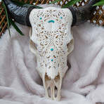 Hand Carved Cow Skull // XL Horns + Turquoise Lotus 1