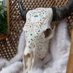 Hand Carved Cow Skull // XL Horns + Turquoise Lotus 1