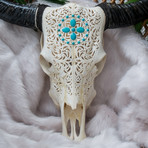 Hand Carved Cow Skull // XL Horns + Turquoise Small Flower