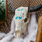 Hand Carved Cow Skull // XL Horns + Turquoise Wavy Tribal 1