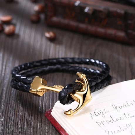Duo Intertwined Leather Anchor Bracelet (Gold)