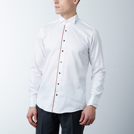 Pipped Lurex Detail Tuxedo Shirt // White, Red (XS)