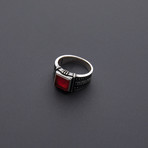 Marcasite Square Red Agate Ring (Size 8)