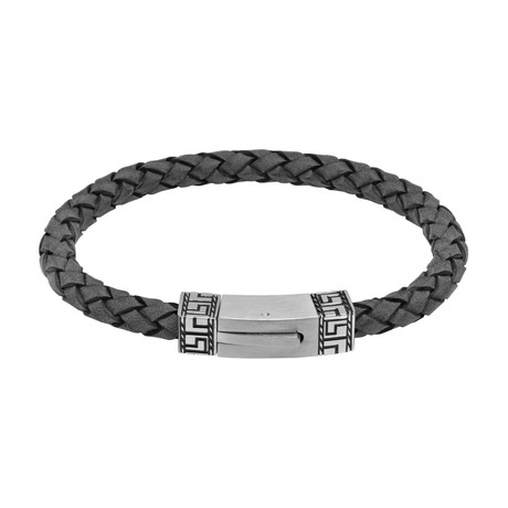 Woven Leather Bracelet + Steel Greek Key Clasp // Gray (7.5" L)