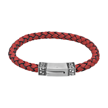 Red Leather Bracelet + Steel Greek Key Clasp (7.5" L)