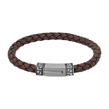 Woven Leather Bracelet + Steel Greek Key Clasp // Brown (7.5" L)
