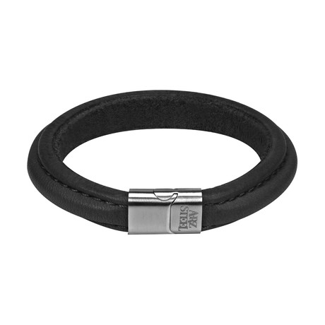 Black Domed Leather Bracelet + Steel Clasp
