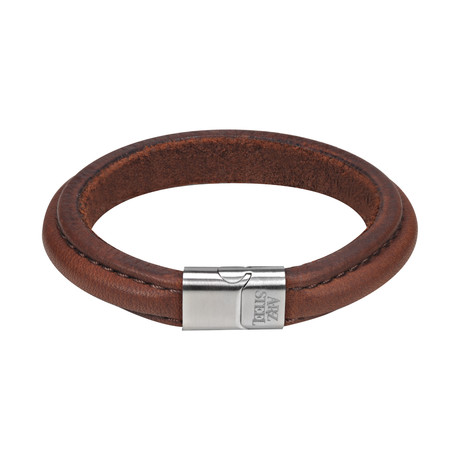 Brown Domed Leather Bracelet + Steel Clasp