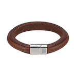 Brown Domed Leather Bracelet + Steel Clasp