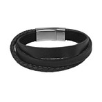 Triple Strand Black Leather Steel Clasp Bracelet (7.5"L)