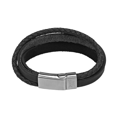Triple Strand Black Leather Steel Clasp Bracelet (7.5"L)