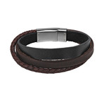 Triple Strand Black + Brown Leather Bracelet (7.5"L)