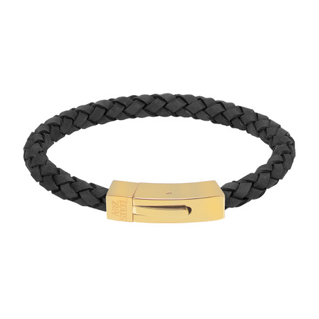 Black Leather Gold Clasp Bracelet (8"L)