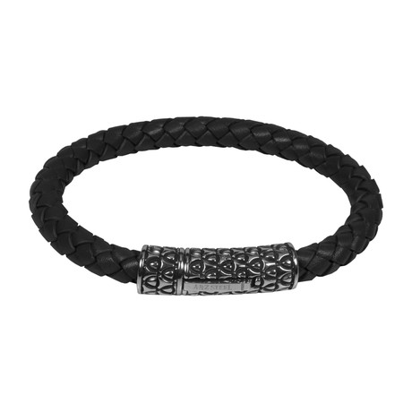 Black Leather Bracelet + Steel Clasp (8"L)