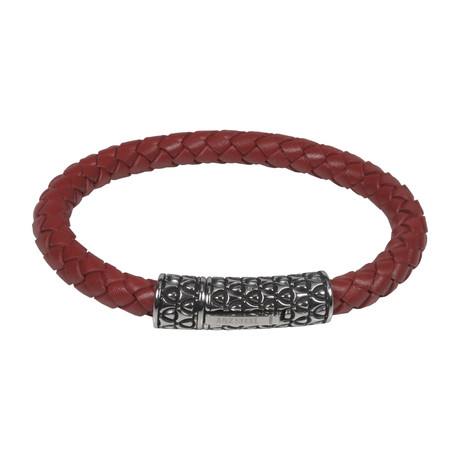 Red Leather Bracelet + Steel Clasp (8"L)
