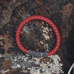 Red Leather Bracelet + Steel Clasp (8"L)