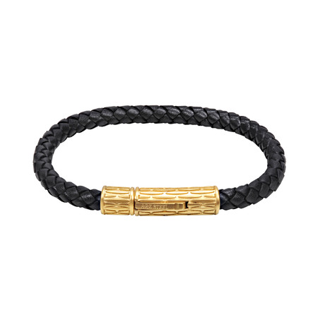 Black Leather Bracelet + Matte Gold Clasp (7.5"L)