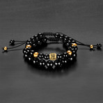 Stainless Steel Bead + Agate Natural Stone Bracelet Set (Black + Gold)