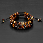 Stainless Steel Bead + Tiger Eye Natural Stone Bracelet Set // Gold + Brown