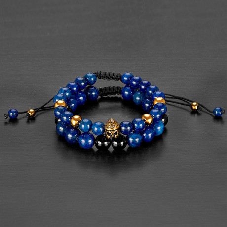 Stainless Steel Spartan Helmet + Lapis Lazuli + Agate Natural Stone Bracelet Set // Gold + Blue + Black