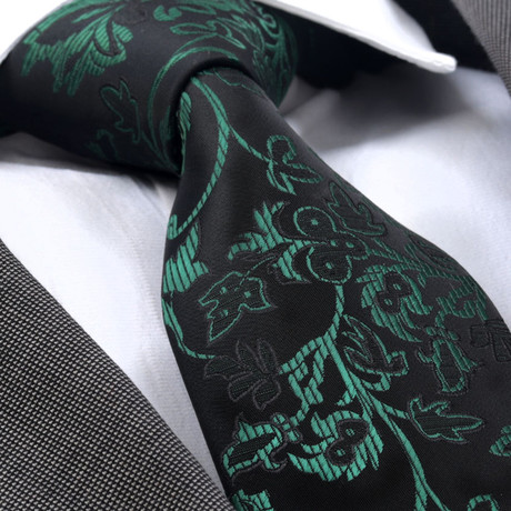 European Exclusive Silk Tie + Gift Box // Green + Black Floral