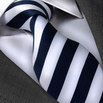 Amedeo Exclusive // Silk Tie // Navy Blue + White Stripes (Navy Blue, White)