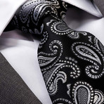European Exclusive Silk Tie + Gift Box // Black with Silver Paisley