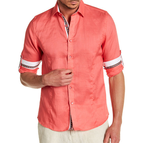 Evert L/S Roll-Up Solid Linen Shirt // Melon (S)