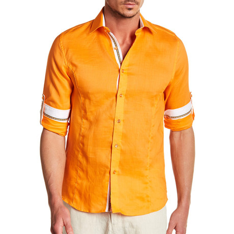 Evert L/S Roll-Up Solid Linen Shirt // Tangerine (S)