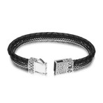 Double Row Silver + Leather Bracelet // Black (Small // 7.5")