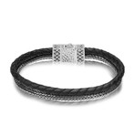 Double Row Silver + Leather Bracelet // Black (Small // 7.5")