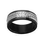 Black IP + Steel Leaf Patterned Ring (Size: 9)