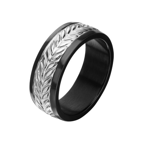 Black IP + Steel Leaf Patterned Ring (Size: 9)
