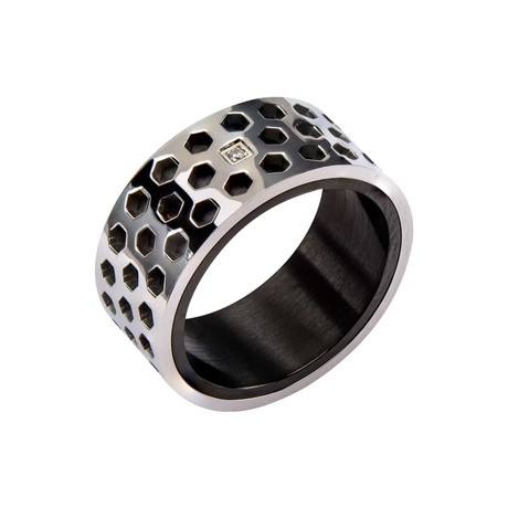 Steel Honey Comb Pattern + Clear Genuine Diamond Ring (Size: 9)
