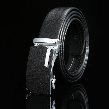 Indent Adjustable Buckle Leather Belt // Black + Silver